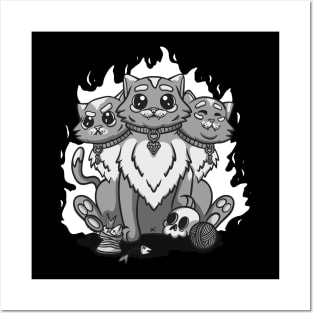 Kawaii Dark Pastel Cute Creepy 3 Headed Cat Skull Posters and Art